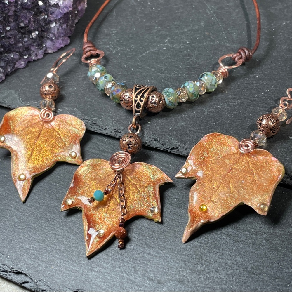 Artisan Copper Jewelry Set Leaf Fairycore Earrings And Pendant